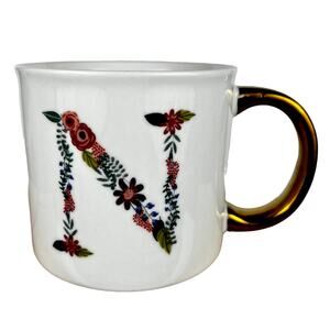 "N" Floral Initial Monogram Porcelain Coffee Mug Gold Handle by OpalHouse
